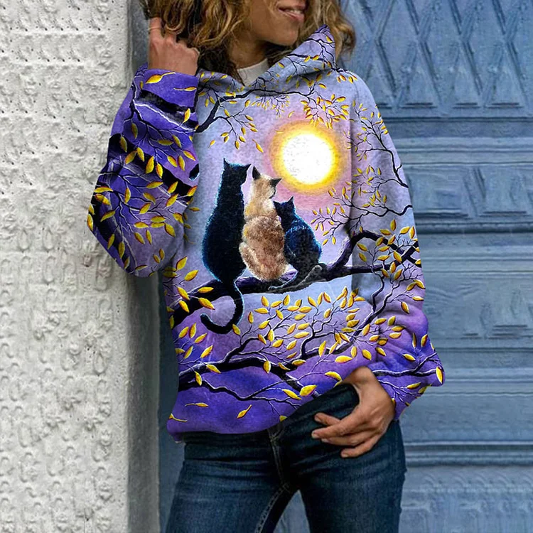 Vefave Long Sleeve Cat Print Hoodie