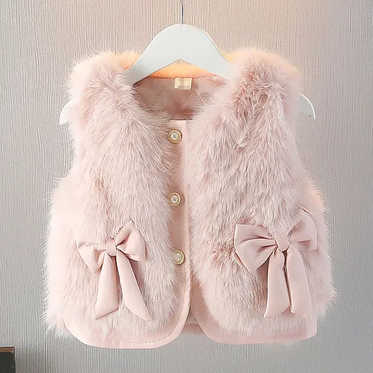 【18M-6Y】Girls Thick Faux Fur Bow Vest Coat