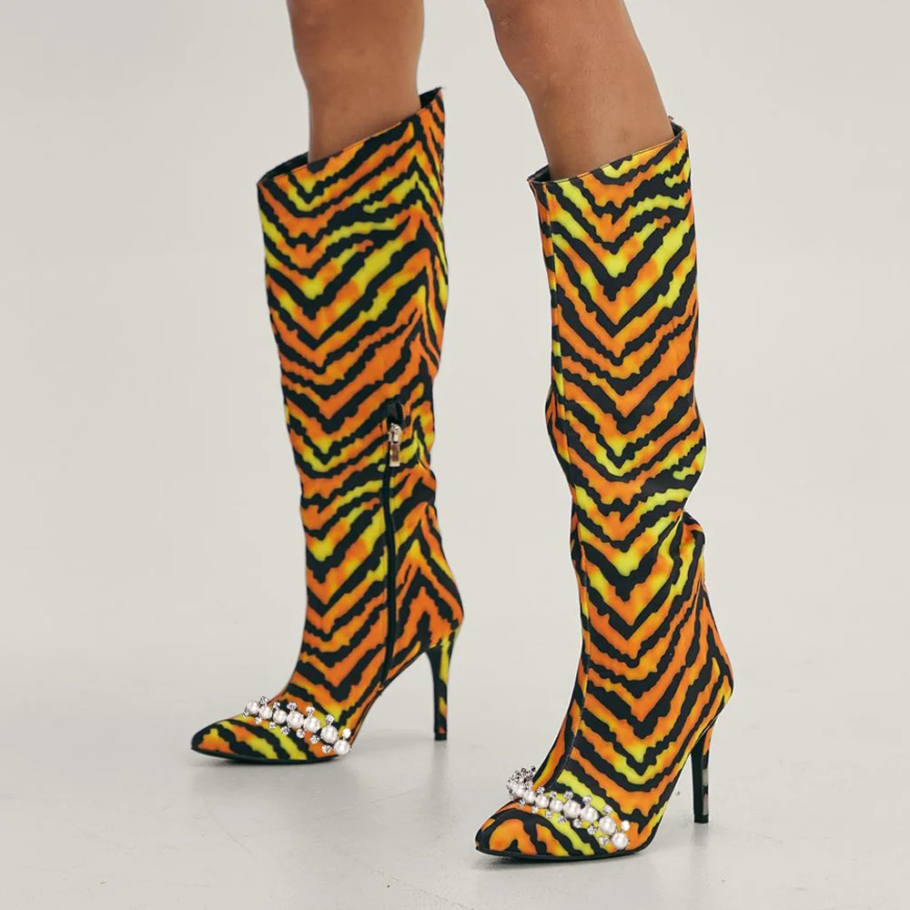Yellow Tiger Print Knee High Boots Pointed Toe Pearl Decor Stiletto Heel Boots Nicepairs