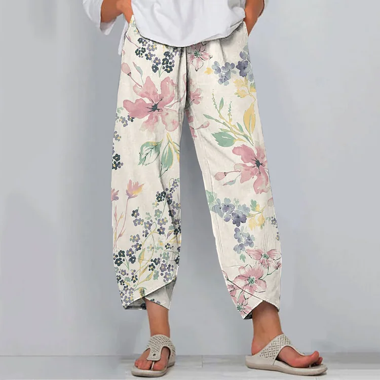 Comstylish Retro Floral Print Loose Casual Pants