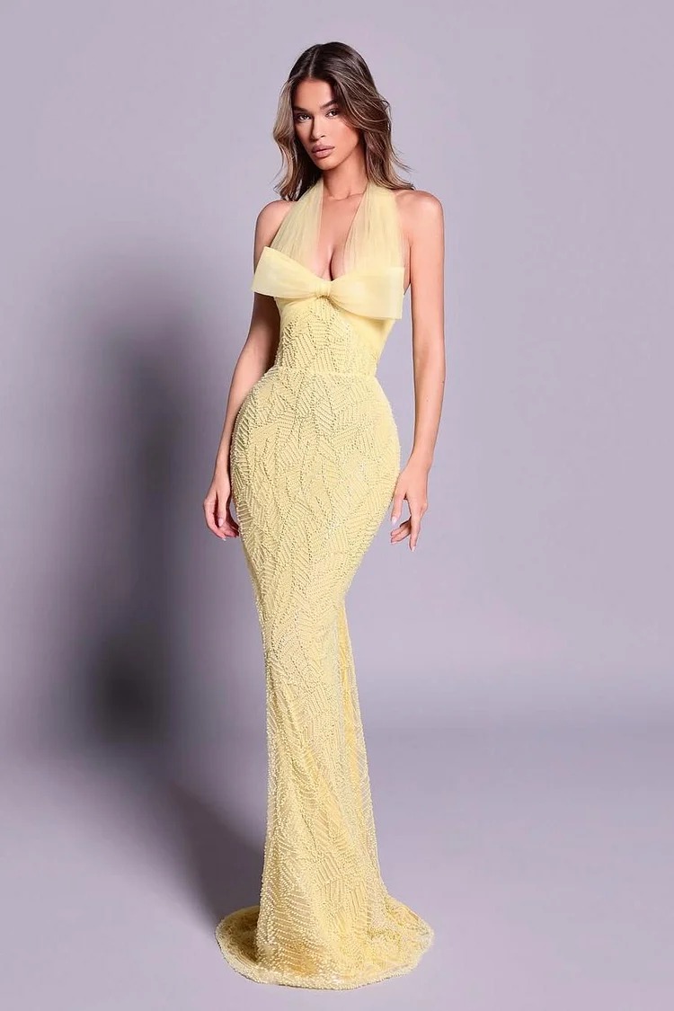 Lussooy Chic Sleeveless Mermaid Halter Straps Long Evening Dress With Embroidery