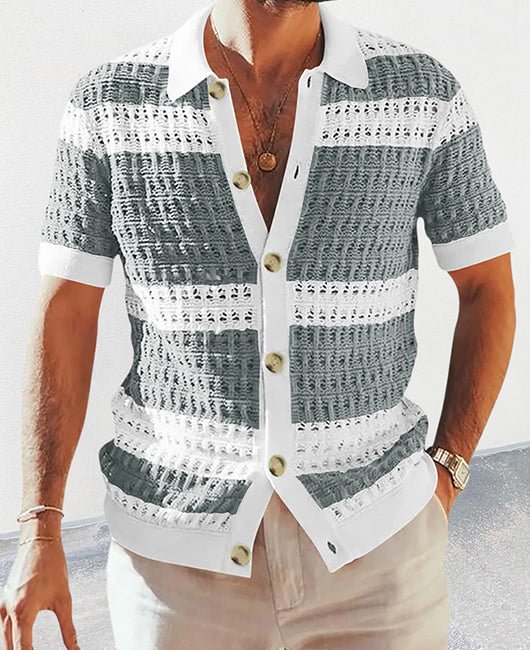 Casual Color Block Spliced Lapel Collar Short Sleeve Hollow Shirt