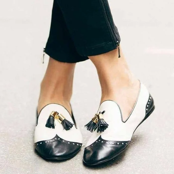 Black and White Flat Women's Loafers Tassels Round Toe Wingtip Shoes |FSJ Shoes