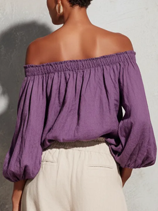 Women's Casual Style Purple Cotton And Linen Off-shoulder Long Lantern Sleeve Top MD