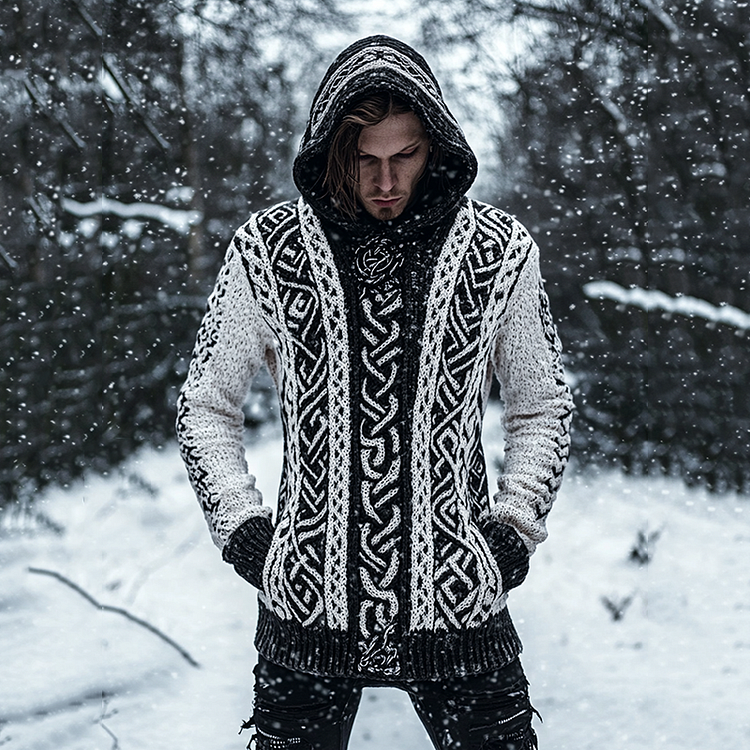 Vintage Viking Rune Thick Needle Comfortable Warm Hooded Sweater