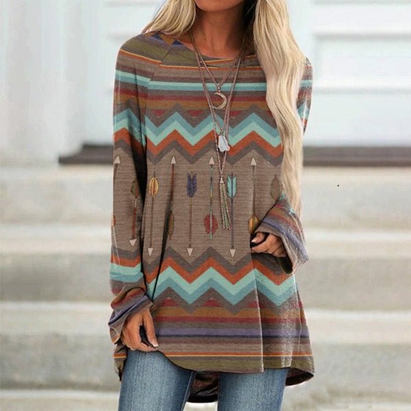 VChics Western Geometry Tribal Printed Round Neck Long Sleeve T-Shirt