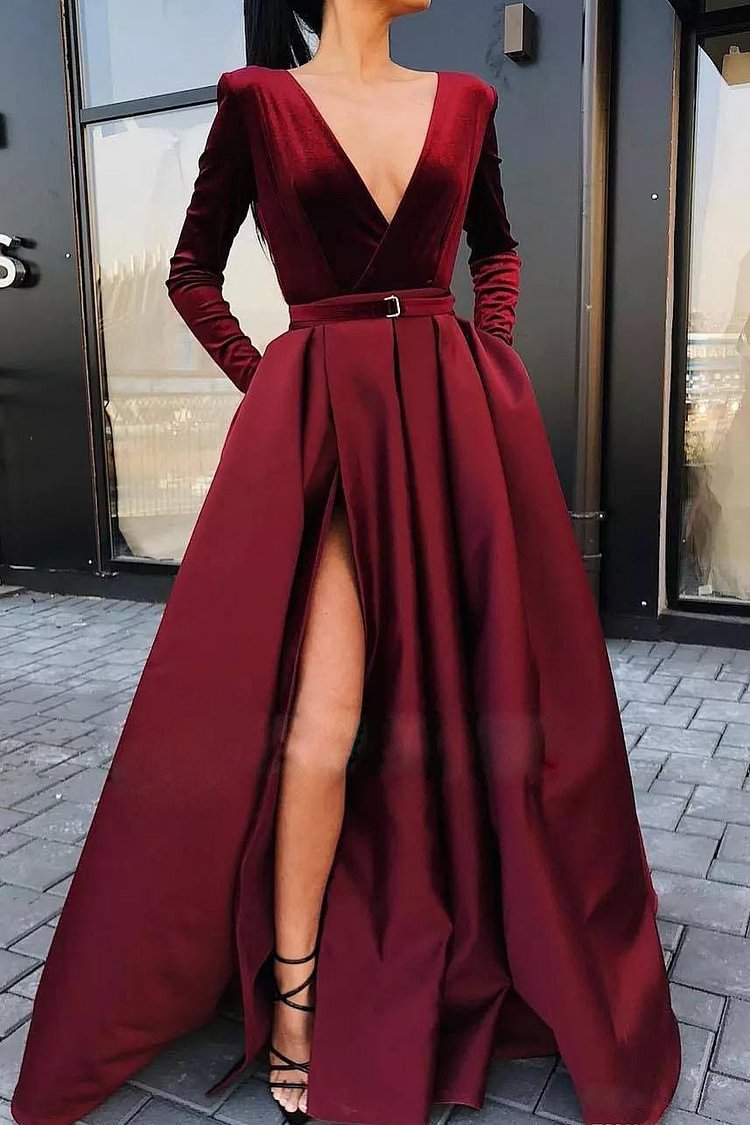 Burgundy Deep V-Neck Long Sleeve A-Line Evening Prom Dresses - Chicaggo