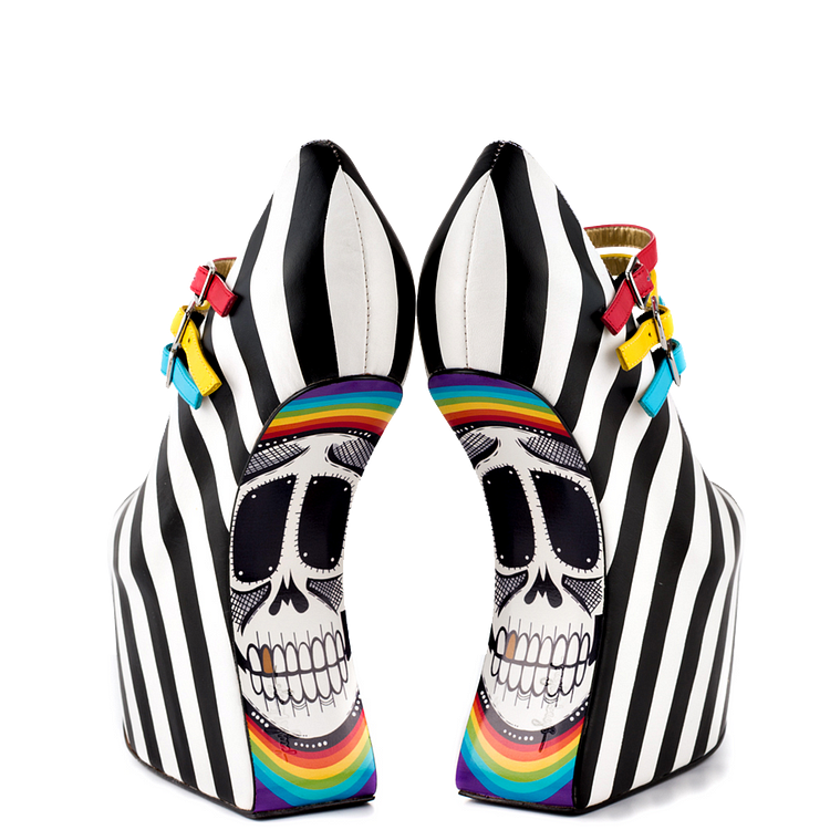 Black & White Striped Wedge Heels Skull Print Platform Mary Janes |FSJ Shoes