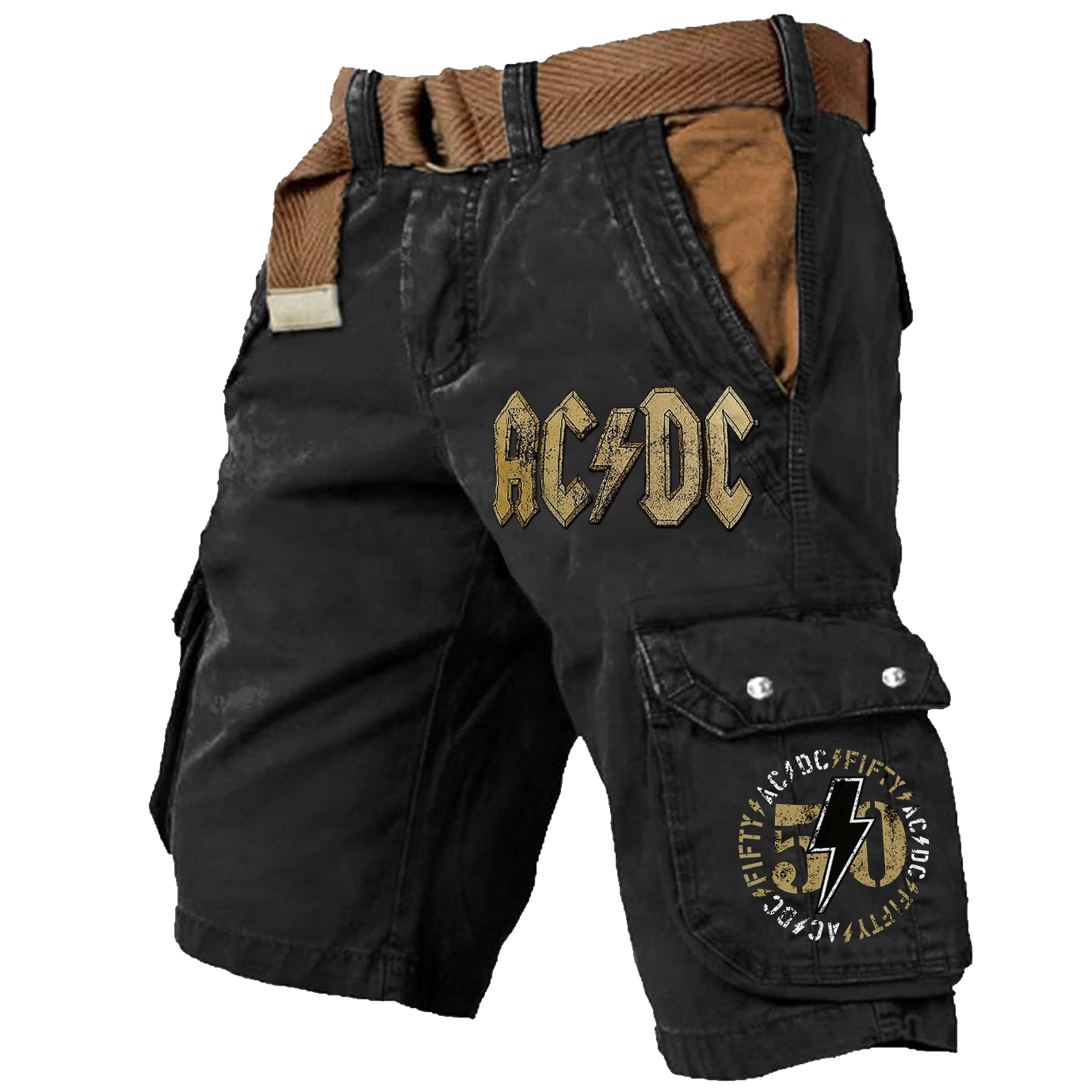 Men's ACDC Rock Band Print Outdoor Vintage Multi Pocket Studded Cargo Shorts / TECHWEAR CLUB / Techwear