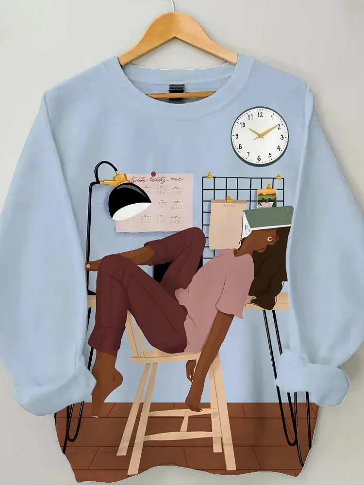 Women's Reading Lover Illustration Print Casual Sweatshirt