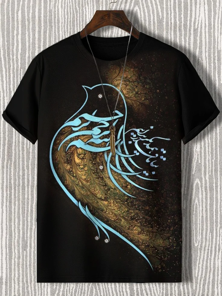 Men's Bird Calligraphy Art Print Ethnic Black Casual T-Shirt