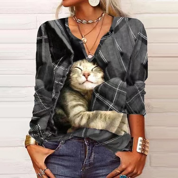 VChics Casual Cat Print V Neck Long Sleeve T-Shirt