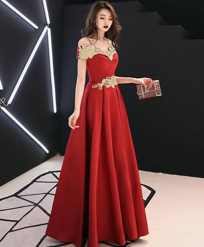 Burgundy Lace Satin Long Prom Dress, Burgundy Evening Dress