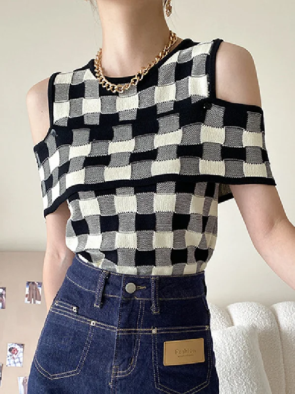 Original Plaid Detachable Cold Shoulder T-Shirt Top