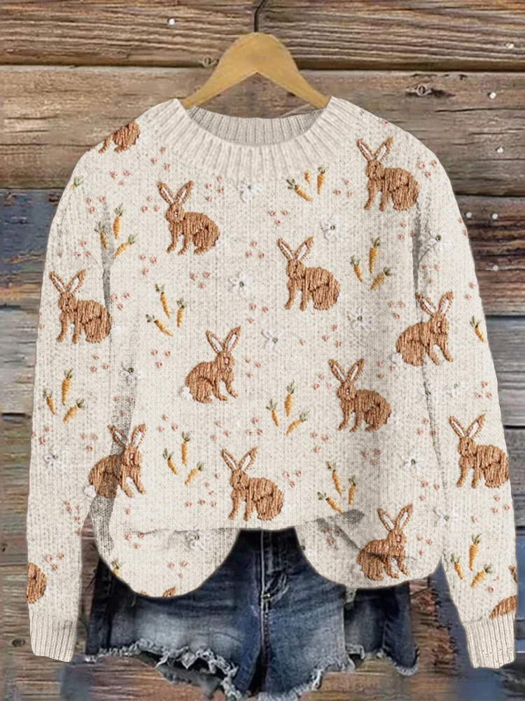 VChics Rabbit & Carrot Embroidery Cozy Knit Sweater