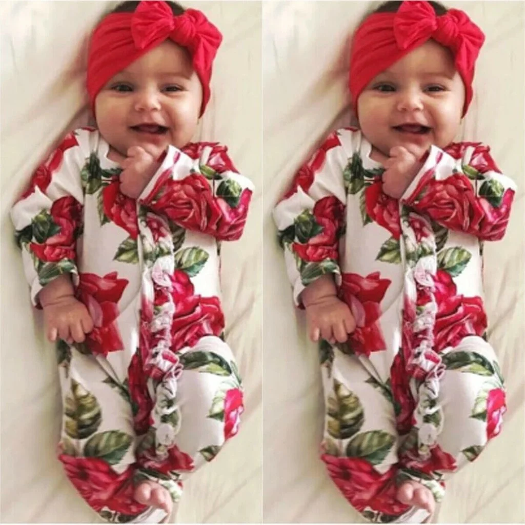 2PCS Lovely Full Floral Printed Long Sleeve Baby Jumpsuit With Headband