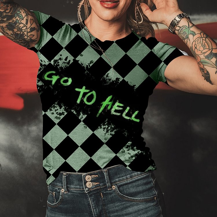 Spring and summer new "GO TO HELL" checkerboard women's fashion T-shirt