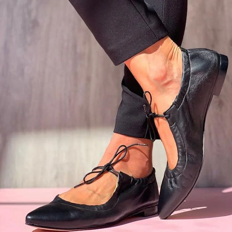 Women's Casual Black Lace-up Pointed Toe Flats |FSJ Shoes