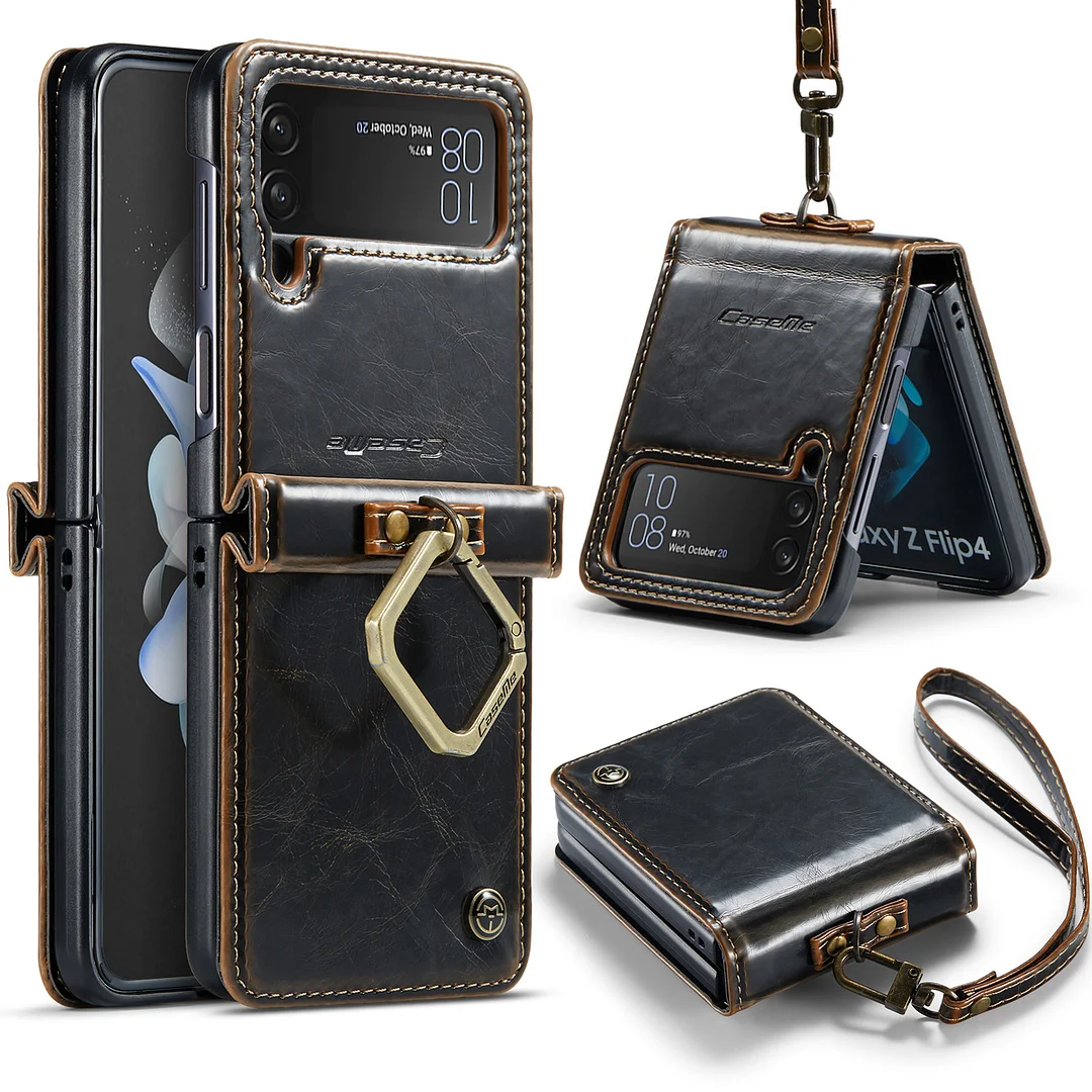 Retro Leather Phone Case With Lanyard And Detachable Hangable Ring Kickstand For Galaxy Z Flip3/Flip4/Flip5