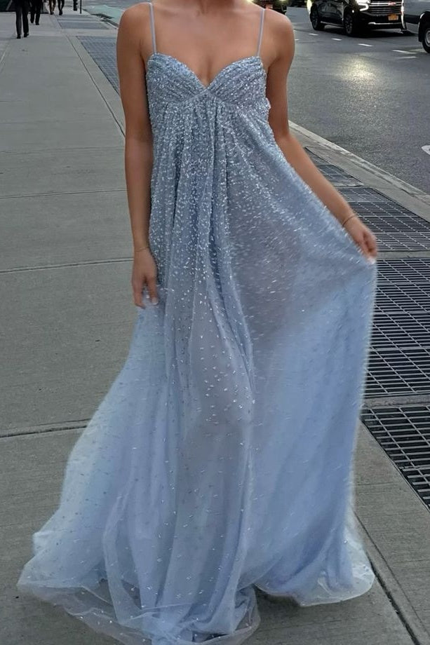 Bling A Line Spaghetti Straps Grey Blue Long Party Dress Bling A Line Spaghetti Straps Grey Blue Long Party Dress