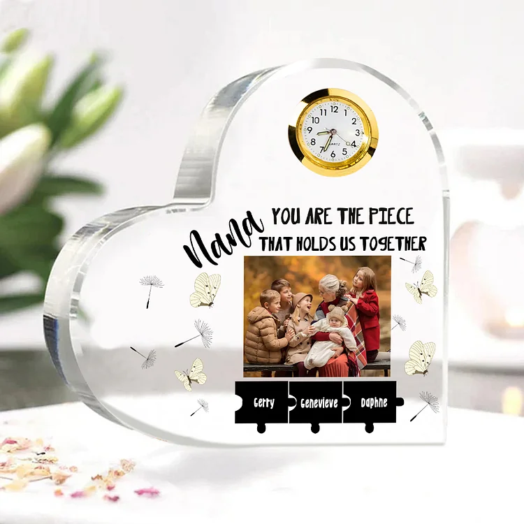 Personalized Heart Acrylic Clock Keepsake Engraved 3 Names Heart Photo Ornament Grandparents' Day Gift for Nana Grandma Mom