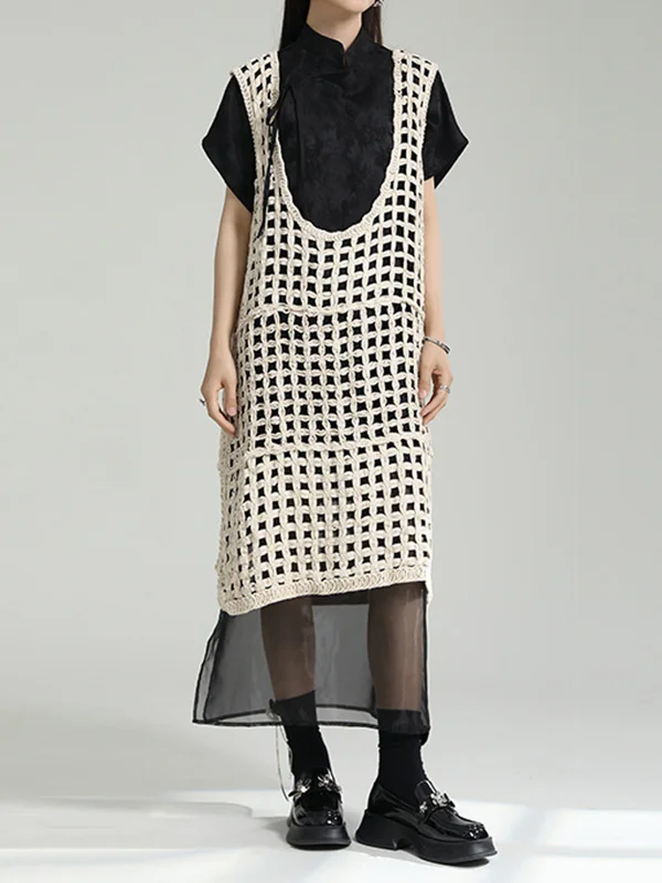 Roomy Sleeveless Hollow Print Pure Color U-Neck Midi Dresses