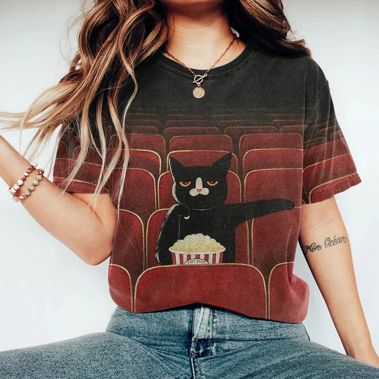 Comstylish Cat Watching Movie Print Crew Neck T-Shirt