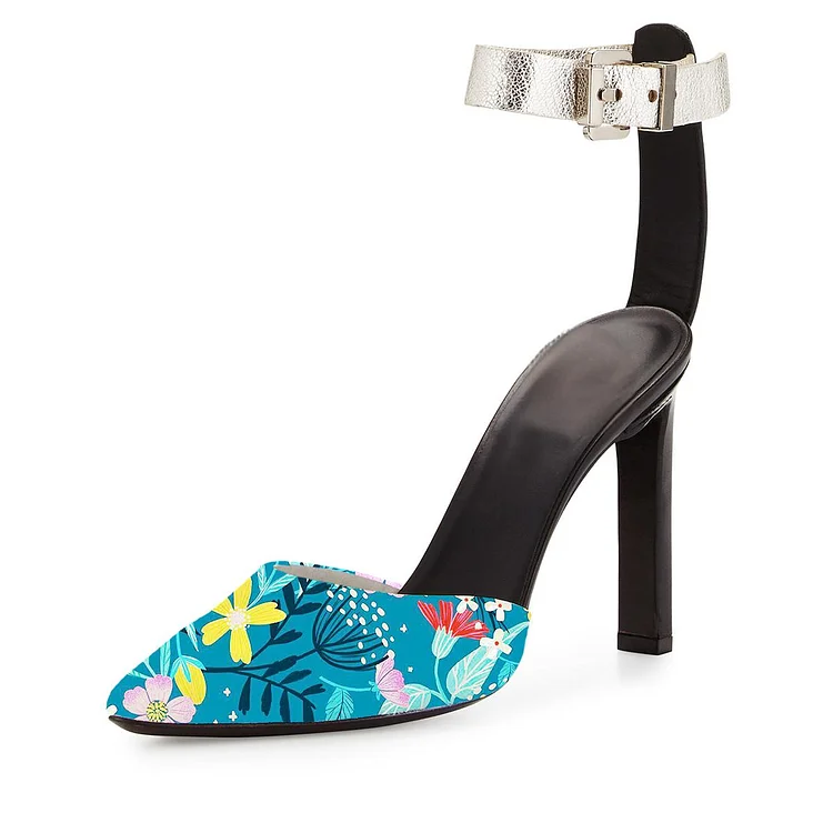 Blue Floral Heels Ankle Strap Closed Toe Sandals Block Heels Vdcoo