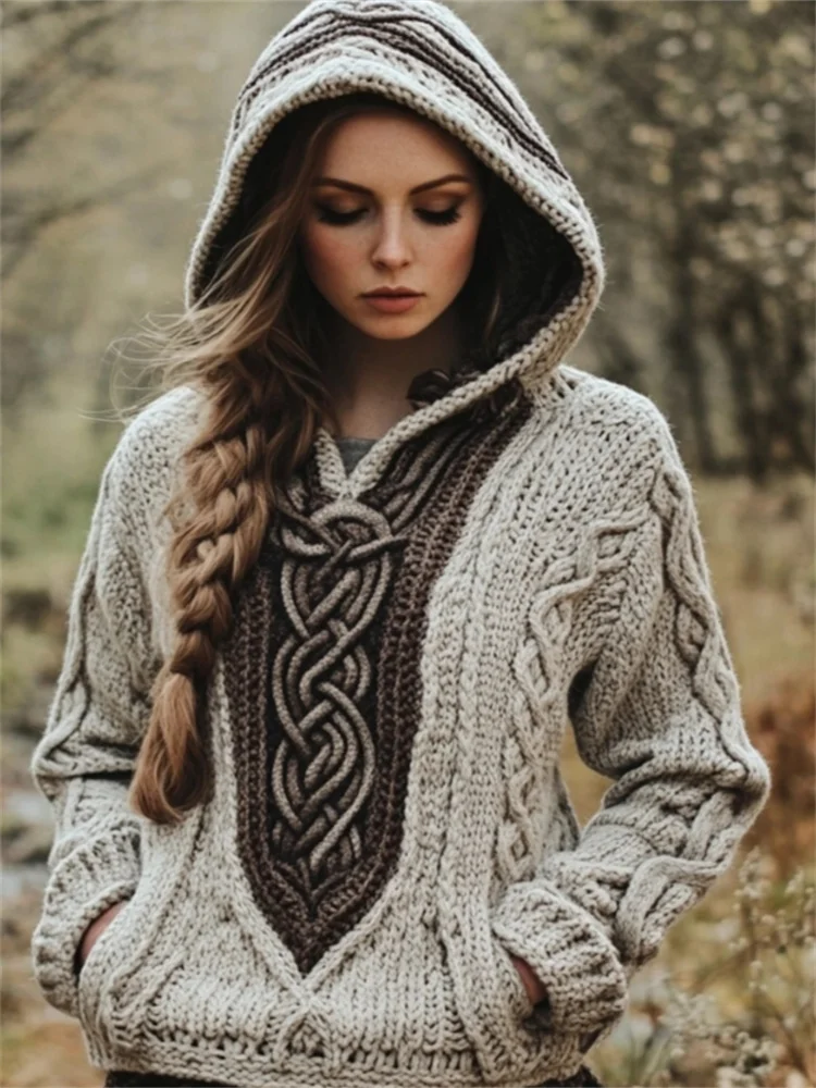 Vintage Celtic Contrast Color Chunky Cozy Hooded Sweater