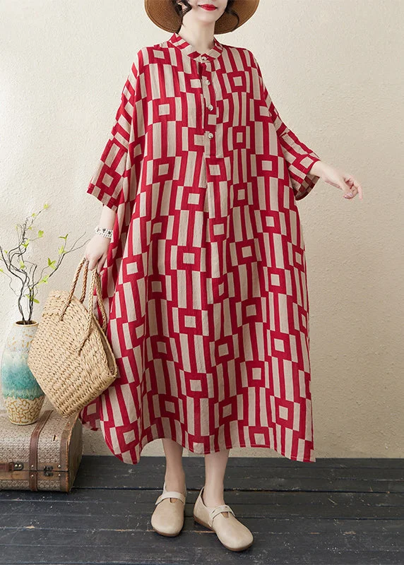 Stylish Red Stand Collar Striped Side Open Long Dress Bracelet Sleeve