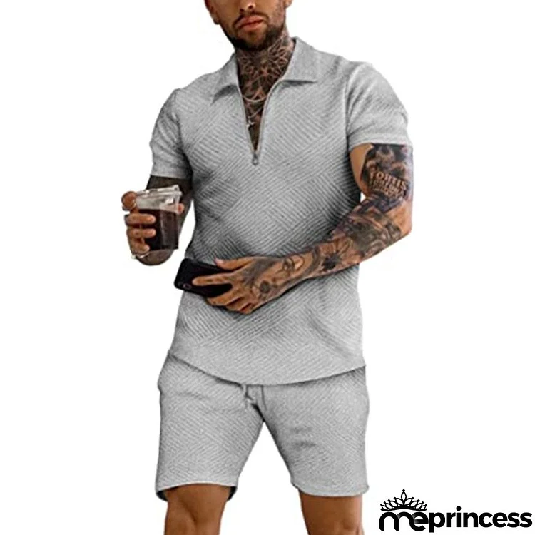 Men Fashion Solid Color Lapel Zipper Short-Sleeved Polo Shirt And Shorts Two-Piece Set