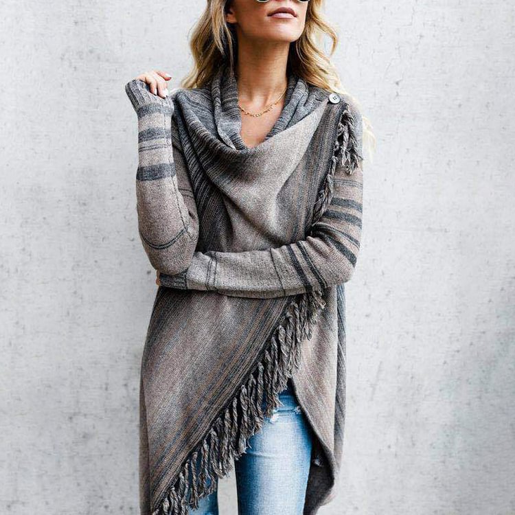 Comstylish Striped Fringe Casual Long Sleeve Cardigan