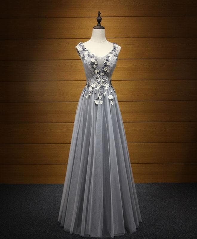 Elegant Gray V Neck Tulle Long Prom Dress, Evening Dress