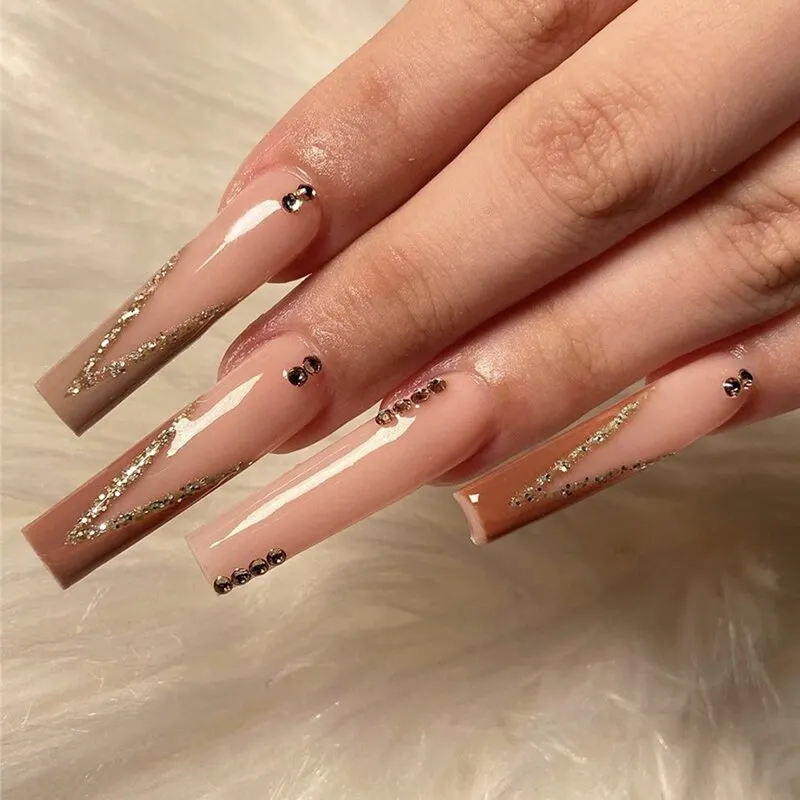 Churchf Press On Nails With Designs Nude Color Fake Nails Super Long