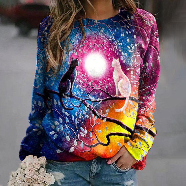 Comstylish Cat Print Long Sleeve Casual Sweatshirt
