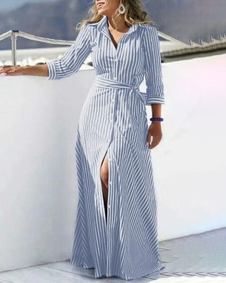 Striped Cotton Linen Lace-up Dress