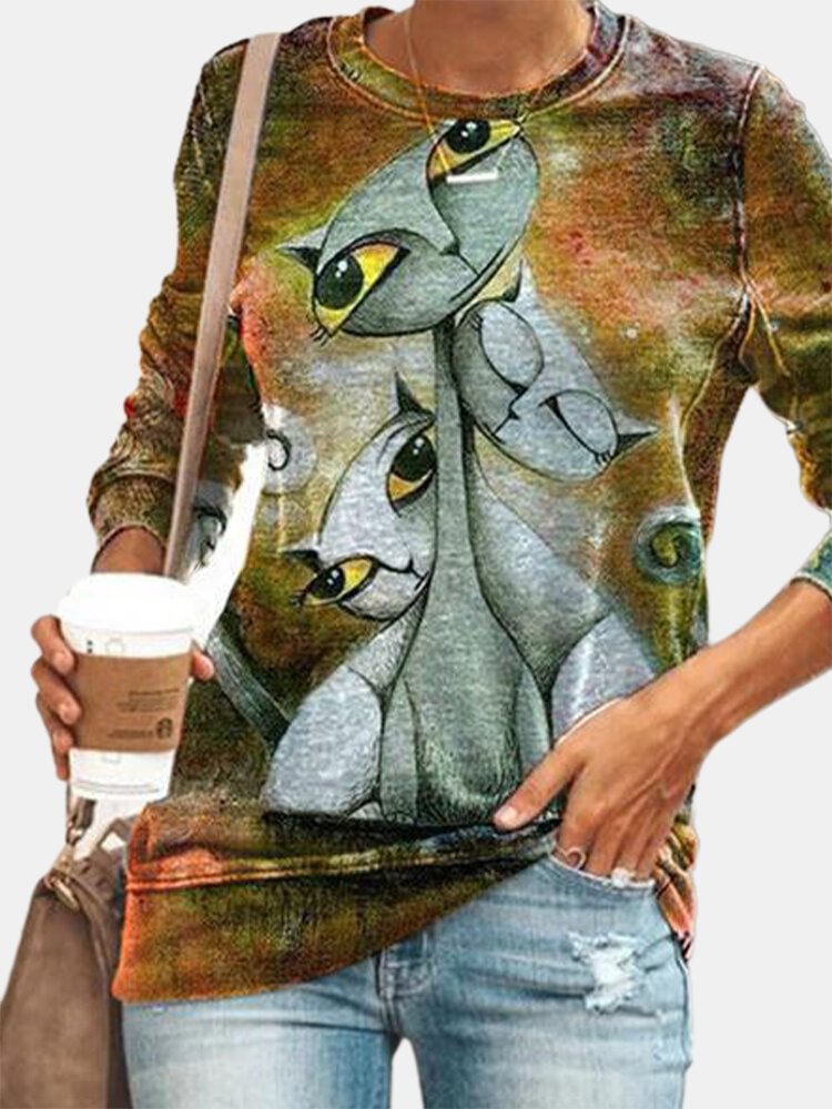 O neck Cat Print Long Sleeve Casual Blouse For Women P1751776