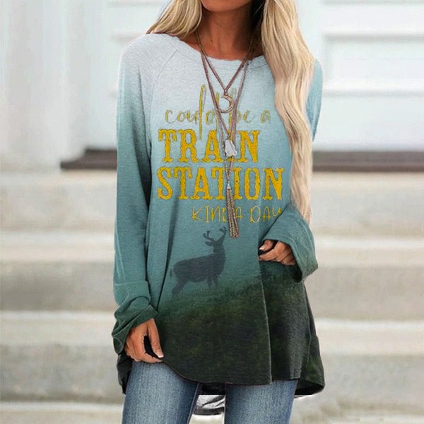 VChics Western Forest Animal Silhouette Printed Long Sleeve T-Shirt