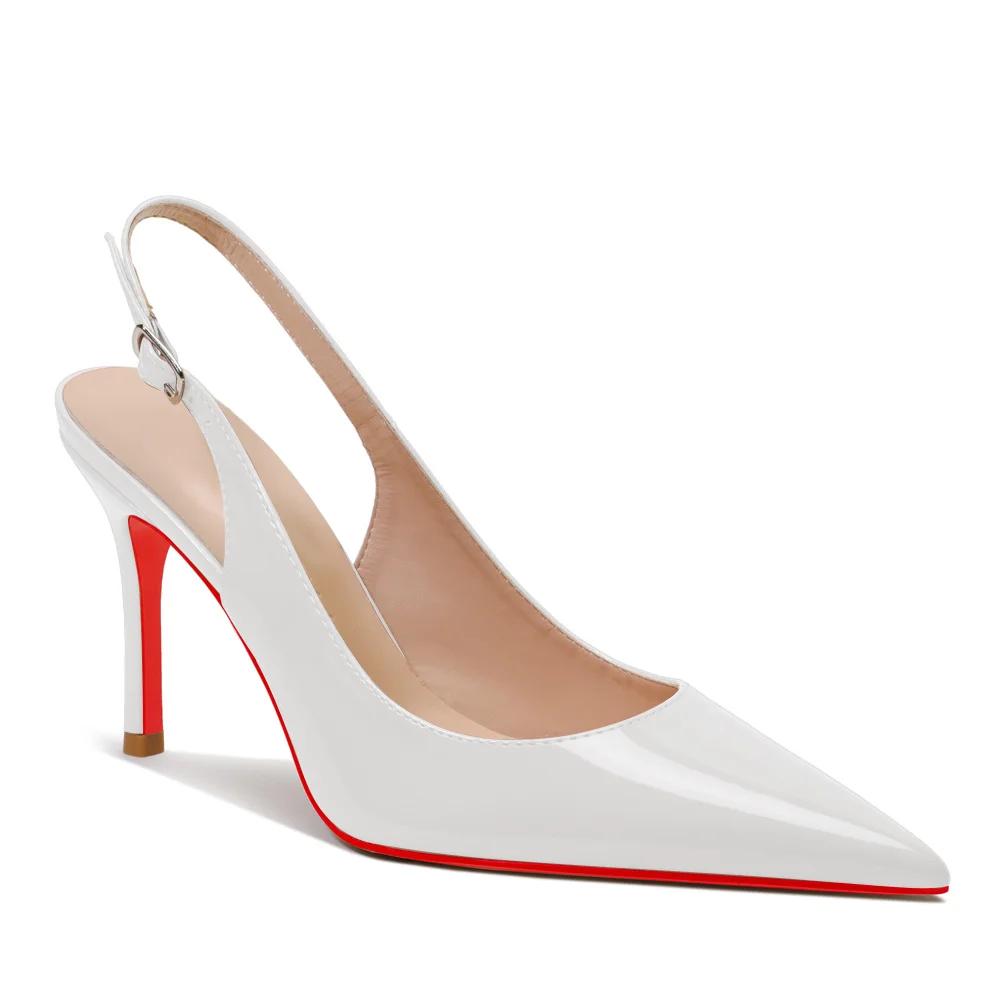 85mm Mid Heels for Women Slingback Pumps Sandals Pointed Toe Pumps Red Bottoms Shoes-MERUMOTE