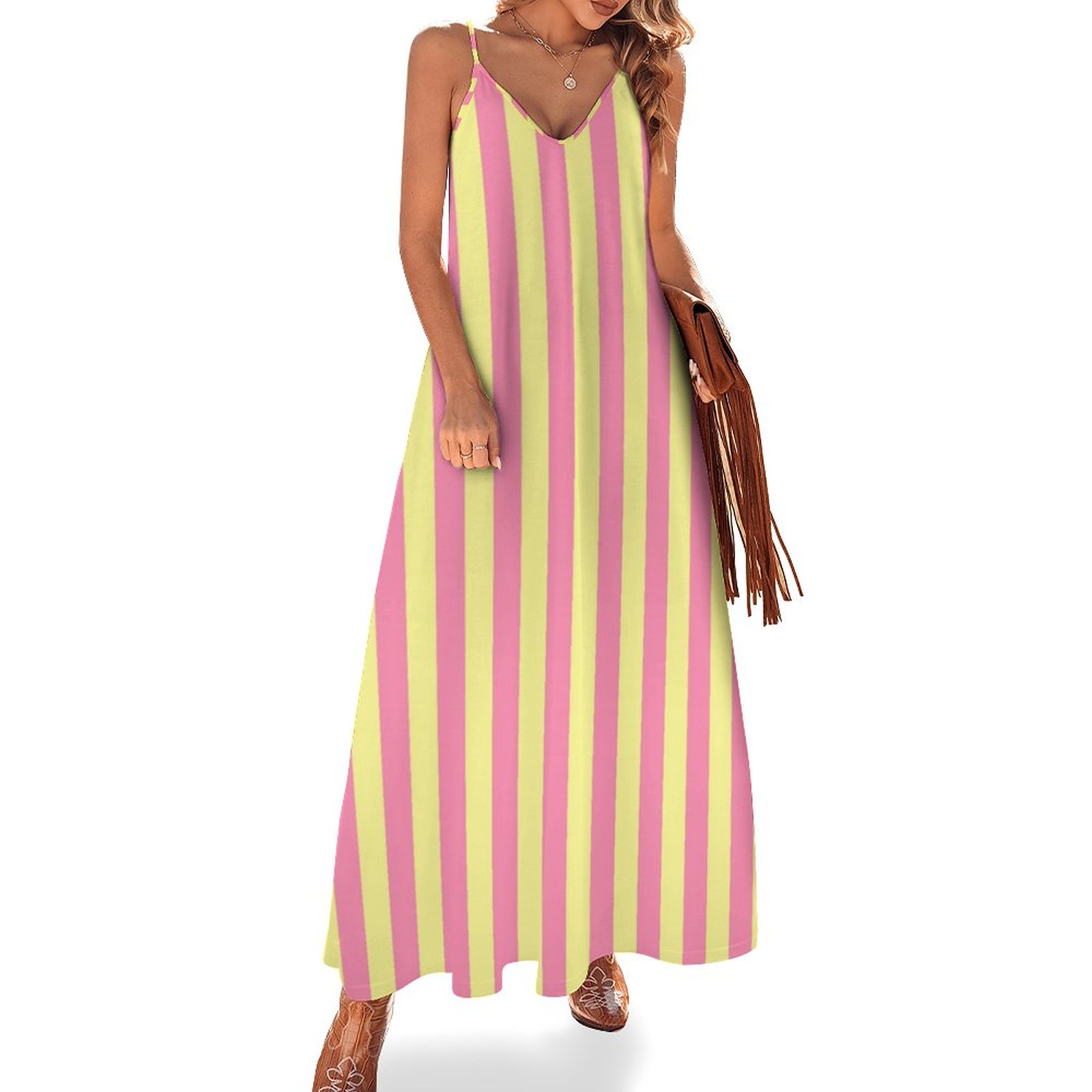 Vertical Soft Yellow And Pink Stripes Women's Casual Strappy V Neck Sleeveless Flowy Loose Long Maxi Beach Dress Sundress Pink & Stripes-XL