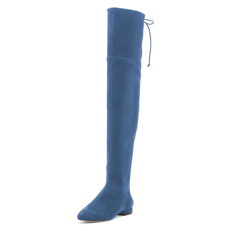 Elegant Blue Lace Up Vegan Suede Boots Women'S Pointed Toe Zipper Shoes Fashion Block Heel Boot |FSJ Shoes