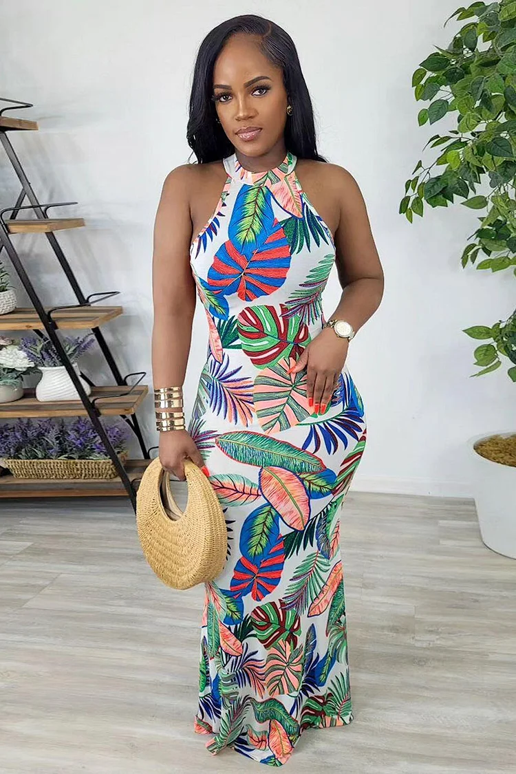 Tropical Print Sleeveless Bodycon Vacation Maxi Dresses