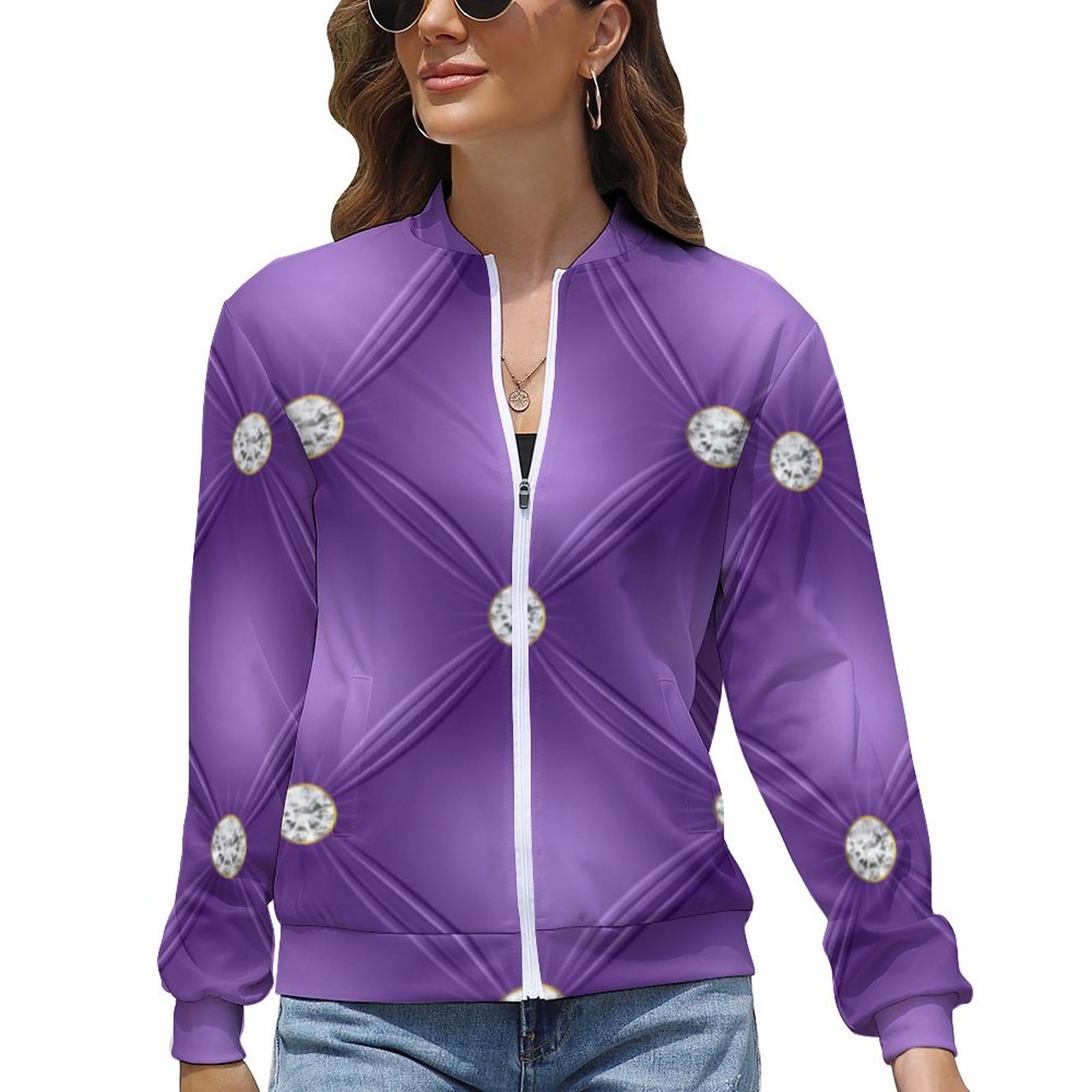 Luxury Violet Diamond Tufted Women boyfriend Zip Up Bomber Jacket Long
