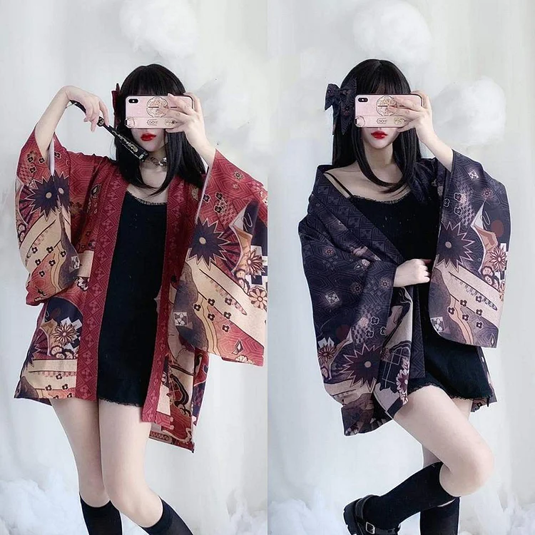 Black/Red Cute Japanese Geisha Haori Kawaii Kimono SP16062