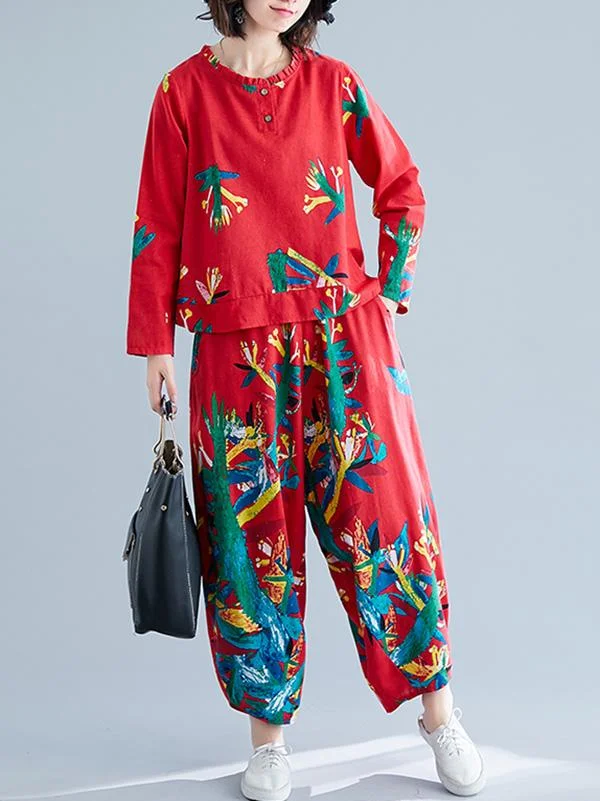 Casual Floral Stamped Blouses&Pants Suits