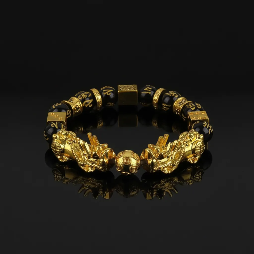 The Imperial Pixiu | Obsidian-Noir Wealth Bracelet 12mm Gold