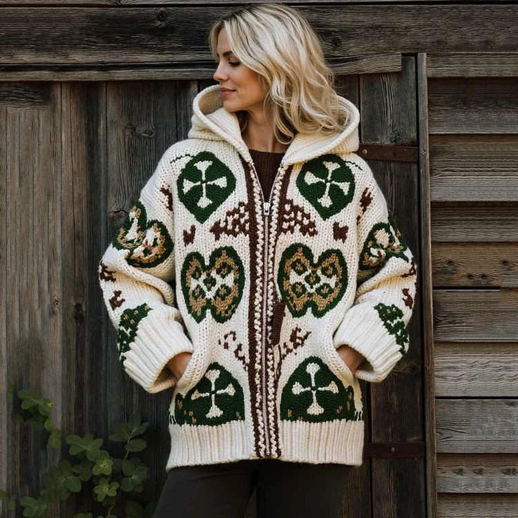 Women's Vintage Knit Jacquard Zipper Pocket Hoodie Cardigan