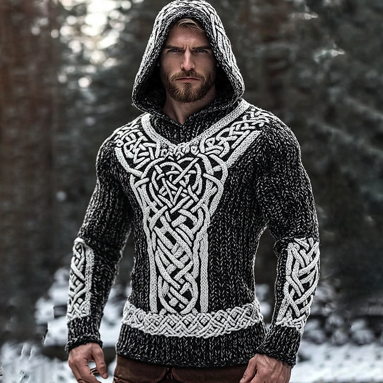 Men's Viking Pattern Jacquard Cozy Hooded Sweater