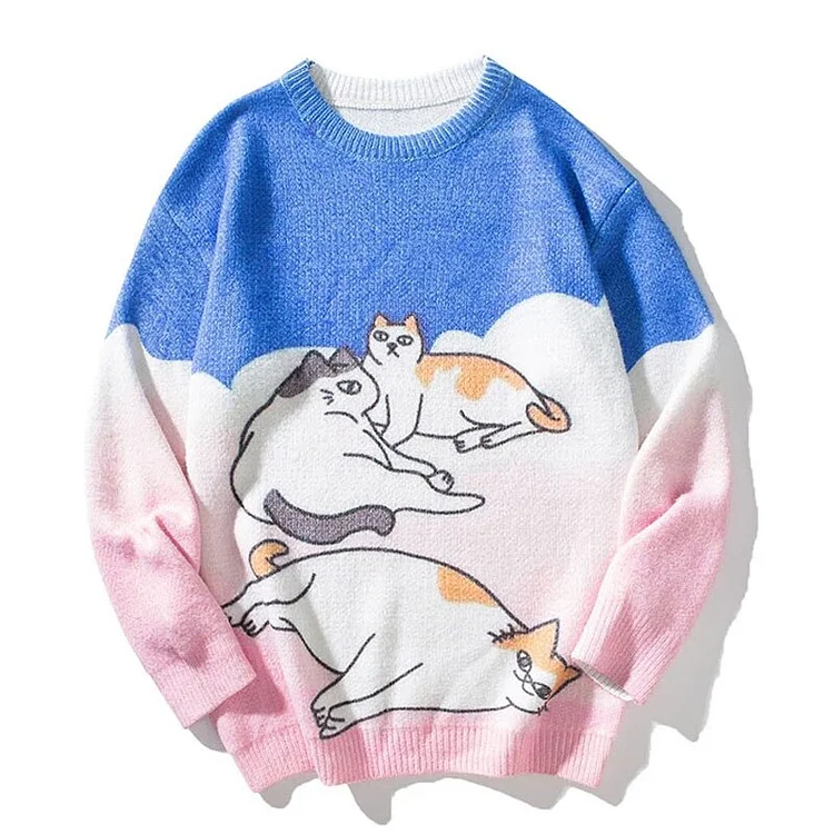 Pet Cat Pattern Printed Patchwork Jumpers Winter Casual O-Neck Pullover Unisex