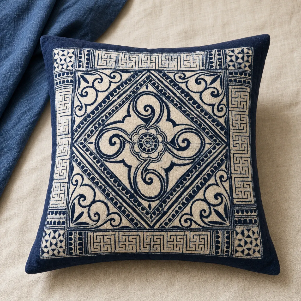 Indigo spiral batik cotton cushion cover on warm ivory linen